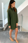 Oversized Belt Detailed Tunic Shirt Dress with Long Sleeves in Khaki