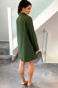 Oversized Belt Detailed Tunic Shirt Dress with Long Sleeves in Khaki