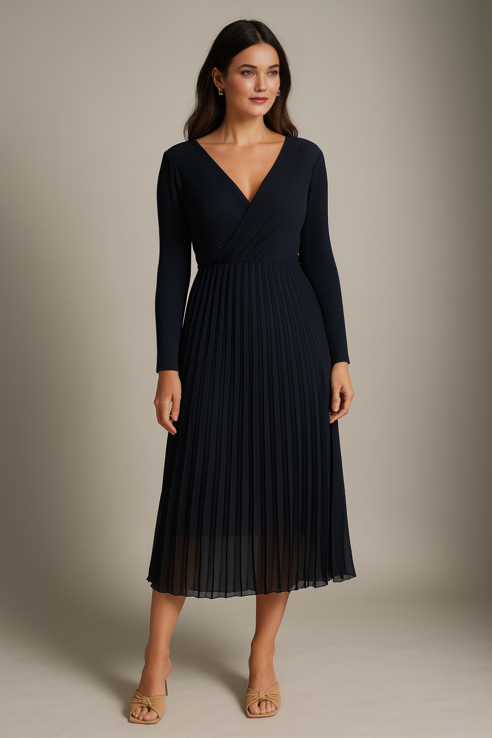 Pleated Relaxed Fit Long Sleeves Maxi Dress in Black
