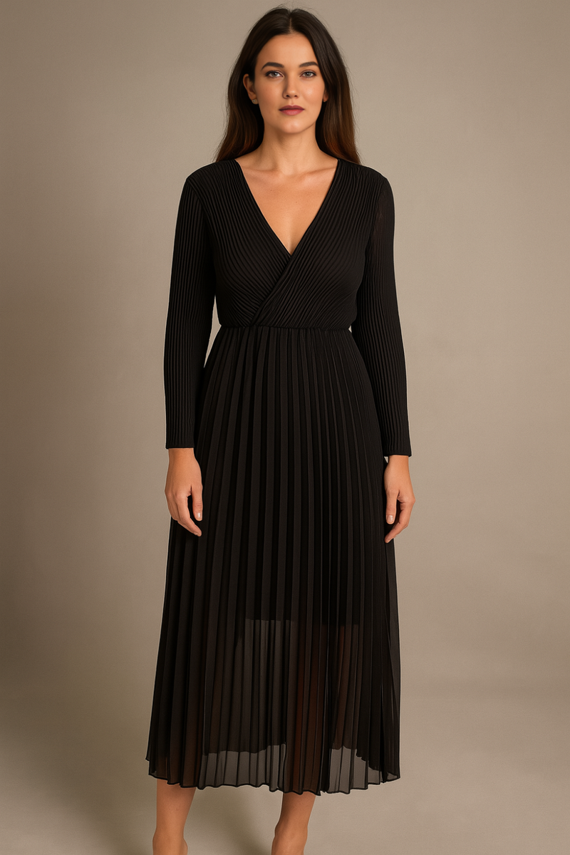 Pleated Relaxed Fit Long Sleeves Maxi Dress in Black