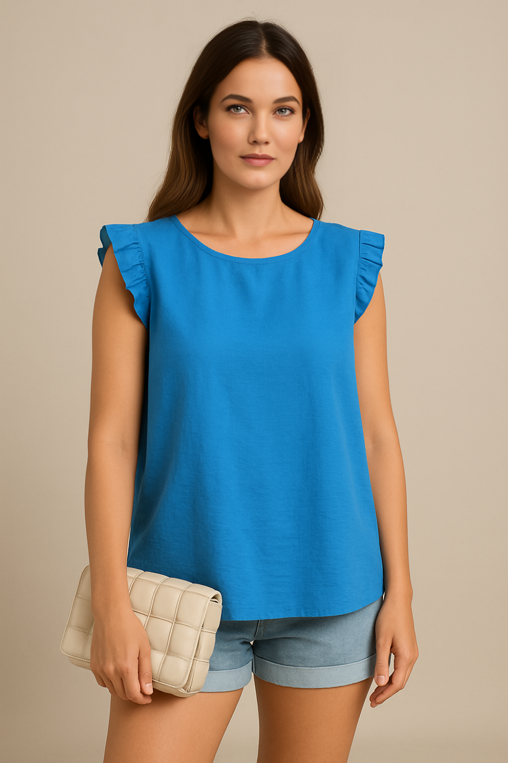 Oversized Blue Ruffle Sleeve Blouse with Round Neck