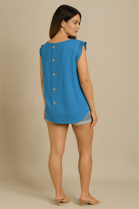Oversized Blue Ruffle Sleeve Blouse with Round Neck
