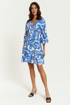 Oversized 3/4 Sleeves V Neck Detailed Floral Printed Mini Dress in Blue
