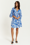 Oversized 3/4 Sleeves V Neck Detailed Floral Printed Mini Dress in Blue