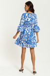 Oversized 3/4 Sleeves V Neck Detailed Floral Printed Mini Dress in Blue