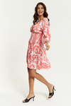 Oversized 3/4 Sleeves V Neck Detailed Floral Printed Mini Dress in Red