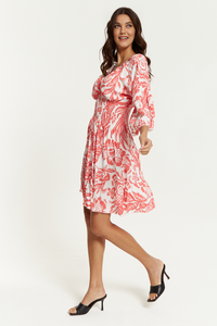 Oversized 3/4 Sleeves V Neck Detailed Floral Printed Mini Dress in Red
