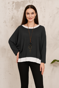Oversized Long Sleeves Double Layered Top in Black
