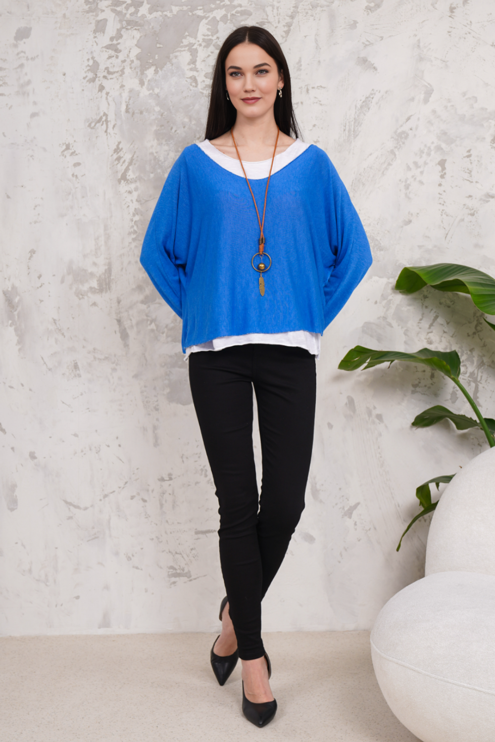 Oversized Long Sleeves Double Layered Top in Blue