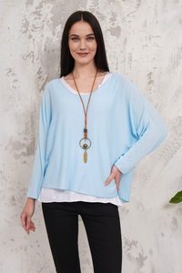 Oversized Long Sleeves Layered Blouse With Necklace In Light Blue And White