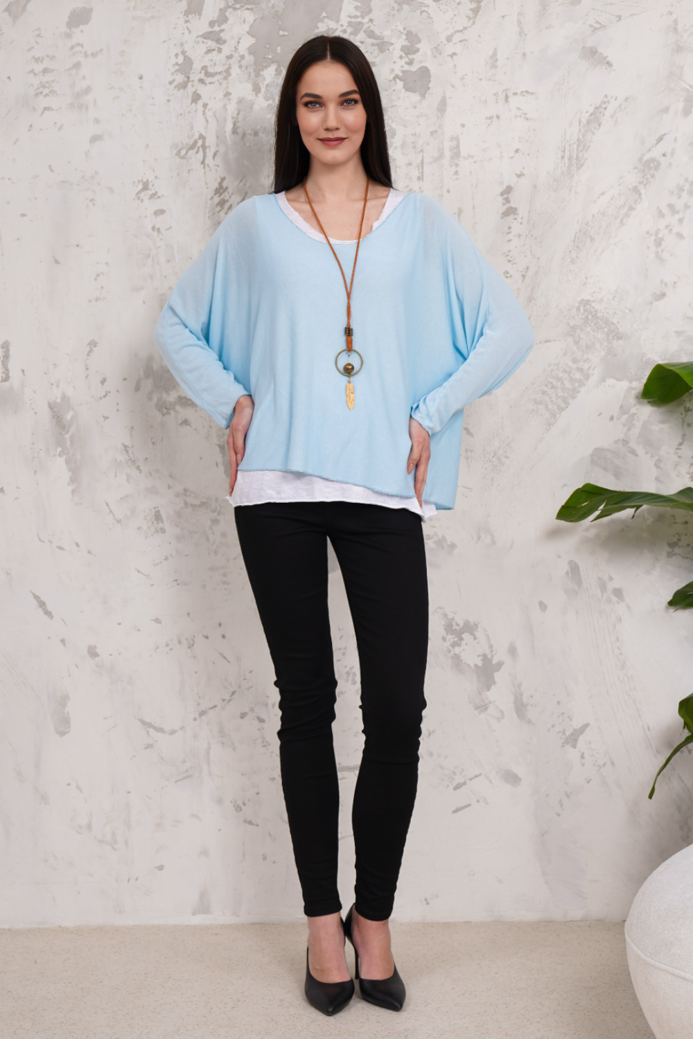 Oversized Long Sleeves Double Layered Top in Light Blue
