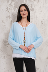 Oversized Long Sleeves Layered Blouse With Necklace In Light Blue And White