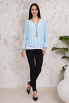 Oversized Long Sleeves Layered Blouse With Necklace In Light Blue And White