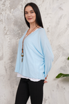 Oversized Long Sleeves Layered Blouse With Necklace In Light Blue And White