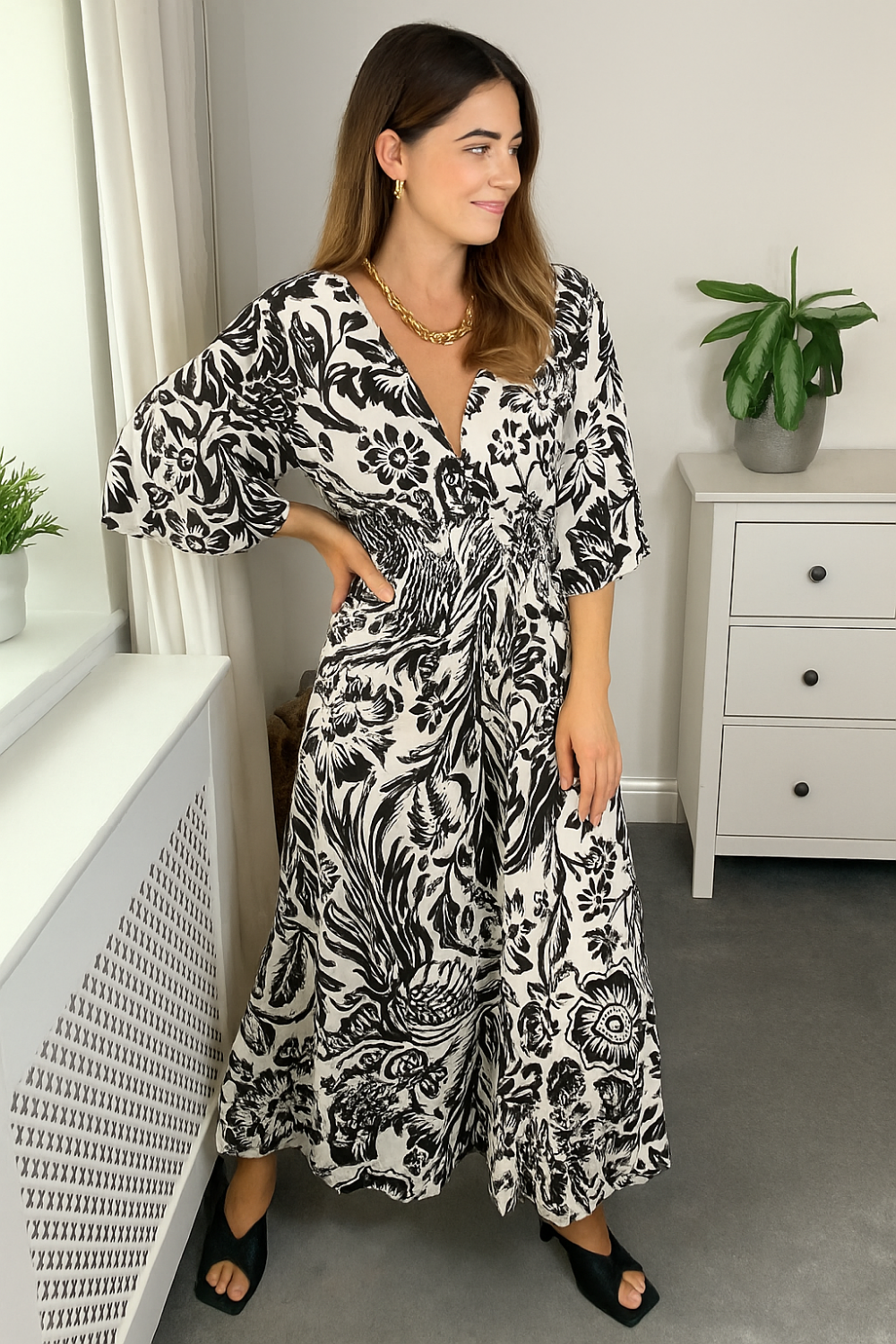 Oversized V Neck Shirred Waist Floral Print Maxi Dress in Black - HOXTON GAL