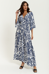 Oversized V Neck Detailed Floral Print Maxi Dress in Navy and White