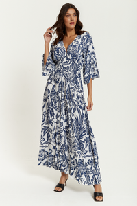 Oversized V Neck Detailed Floral Print Maxi Dress in Navy and White