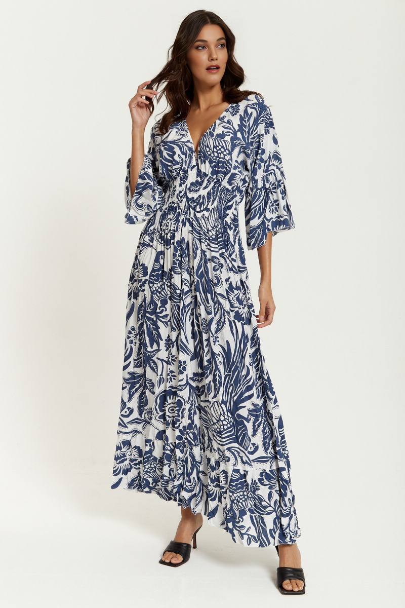 Oversized V Neck Detailed Floral Print Maxi Dress in Navy and White