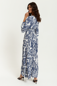 Oversized V Neck Detailed Floral Print Maxi Dress in Navy and White