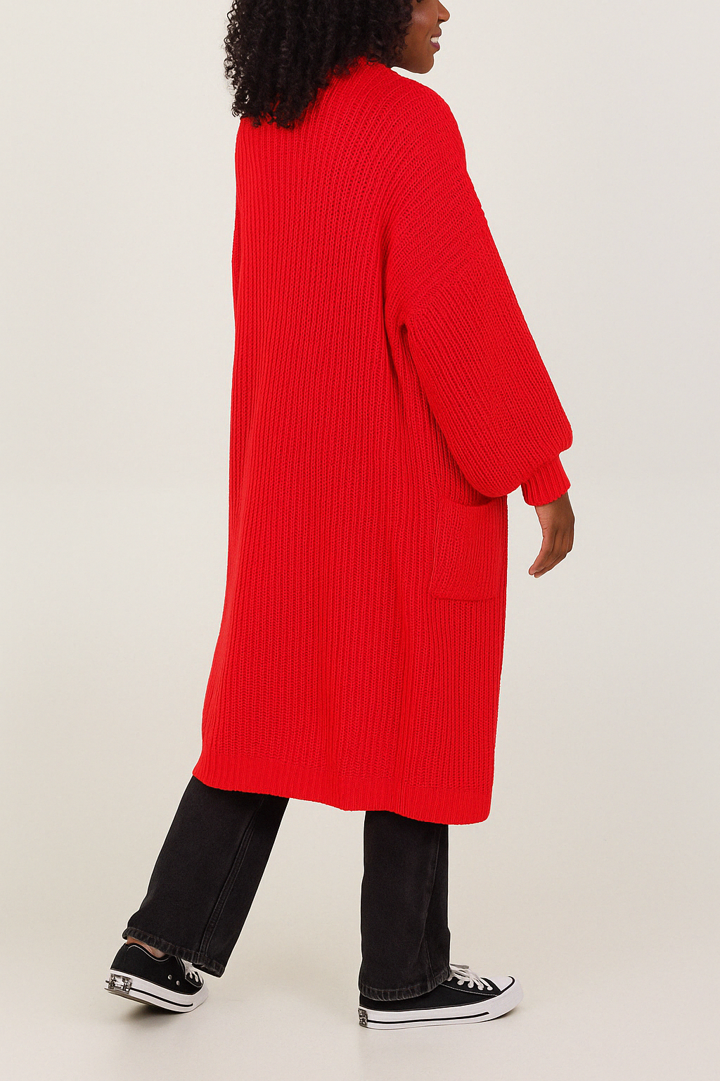 Oversized Long Sleeves Midi Knitted Cardigan with Pocket Details in Red