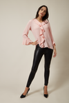Oversized Crepe Top Ruffle Front Relaxed Fit Blouse in Pink