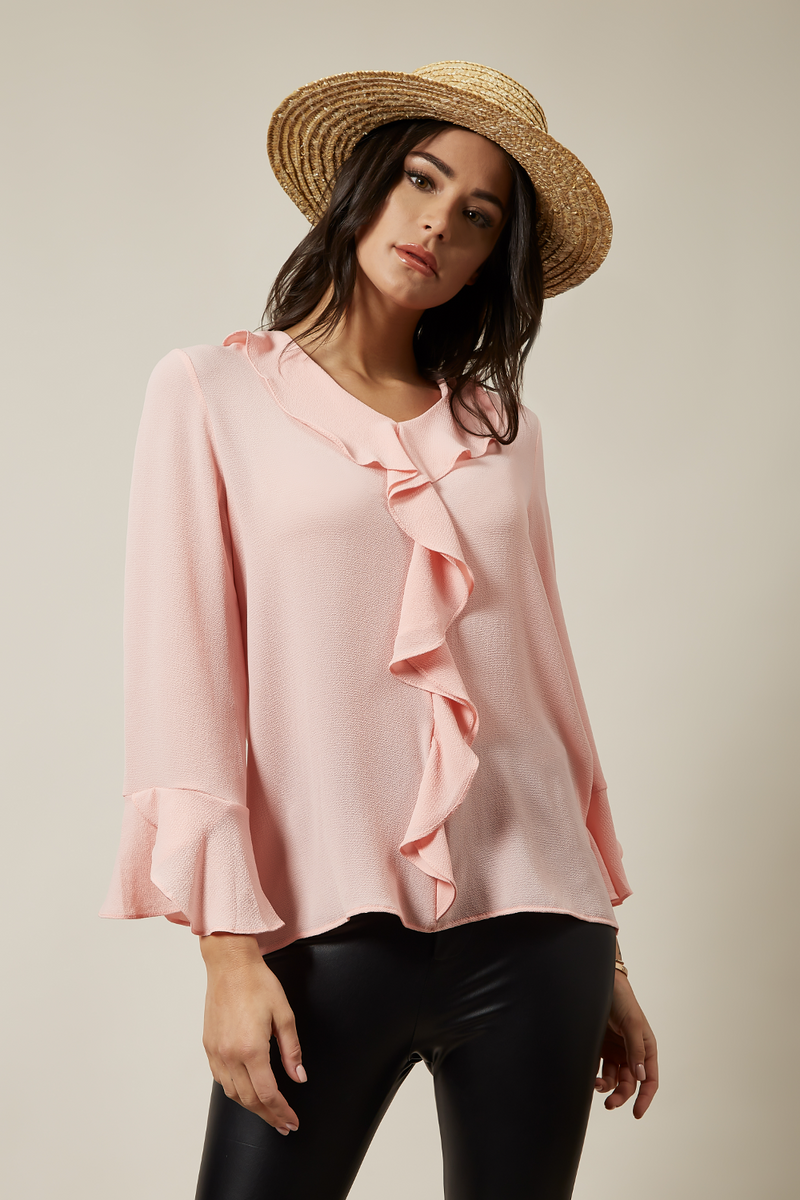 Oversized Crepe Top Ruffle Front Relaxed Fit Blouse in Pink