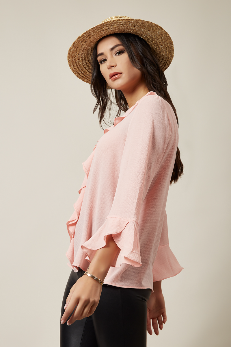 Oversized Crepe Top Ruffle Front Relaxed Fit Blouse in Pink