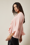 Oversized Crepe Top Ruffle Front Relaxed Fit Blouse in Pink