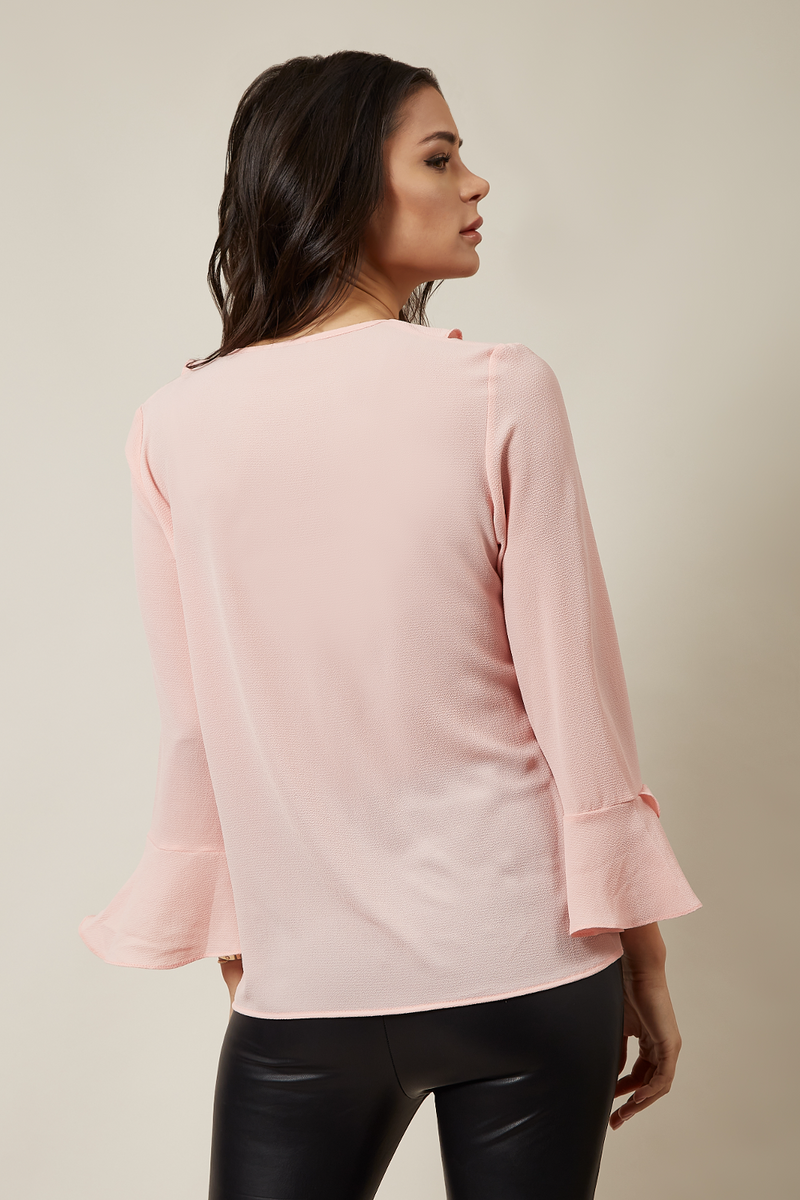 Oversized Crepe Top Ruffle Front Relaxed Fit Blouse in Pink