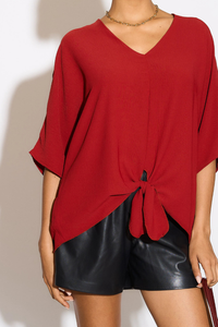 Oversized V Neck Tie Detailed Blouse with 3/4 Sleeves in Burgundy