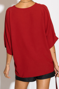 Oversized V Neck Tie Detailed Blouse with 3/4 Sleeves in Burgundy