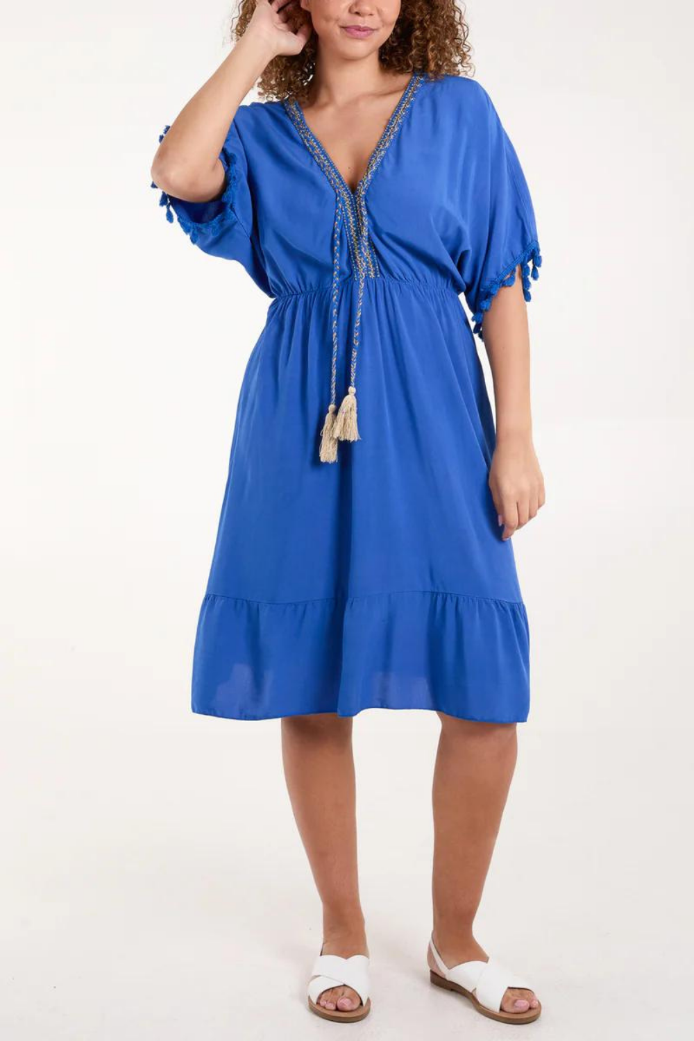 Oversized Fit V Neck Tassel Detailed Mini Dress in Gold and Royal Blue