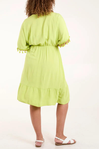 Oversized Fit V Neck Tassel Detailed Mini Dress in Gold and Lime