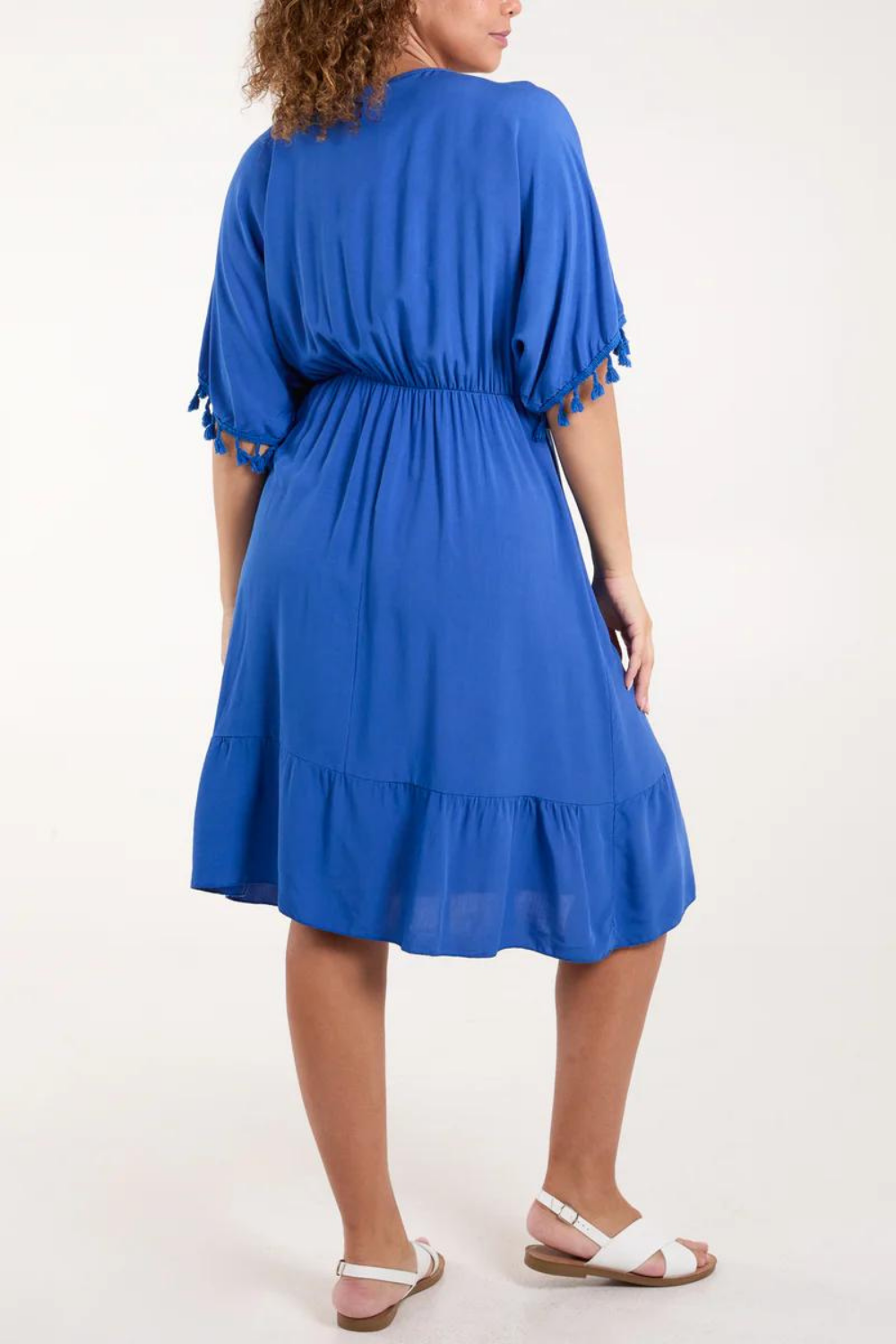 Oversized Fit V Neck Tassel Detailed Mini Dress in Gold and Royal Blue