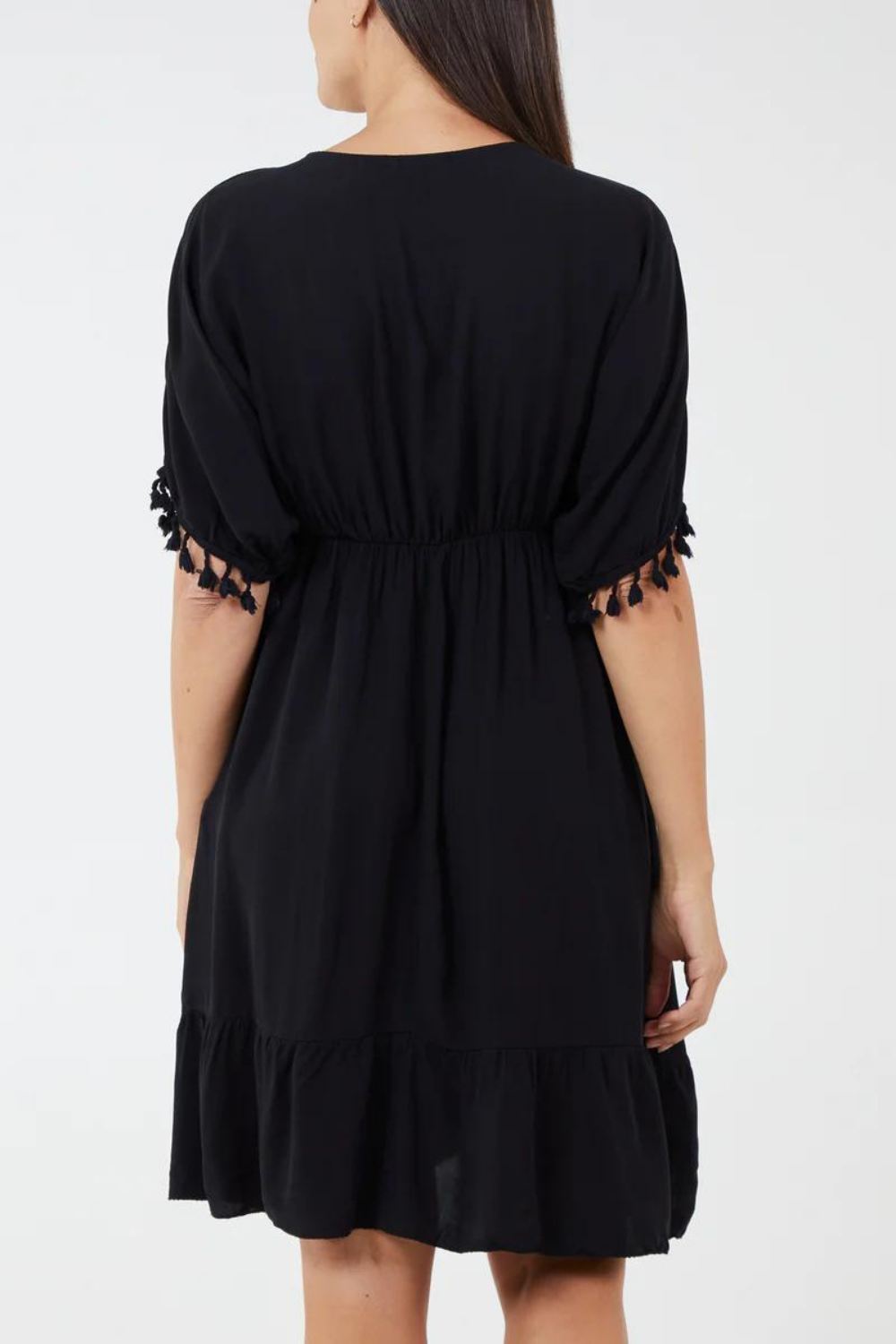 Oversized Fit V Neck Tassel Detailed Mini Dress in Gold and Black