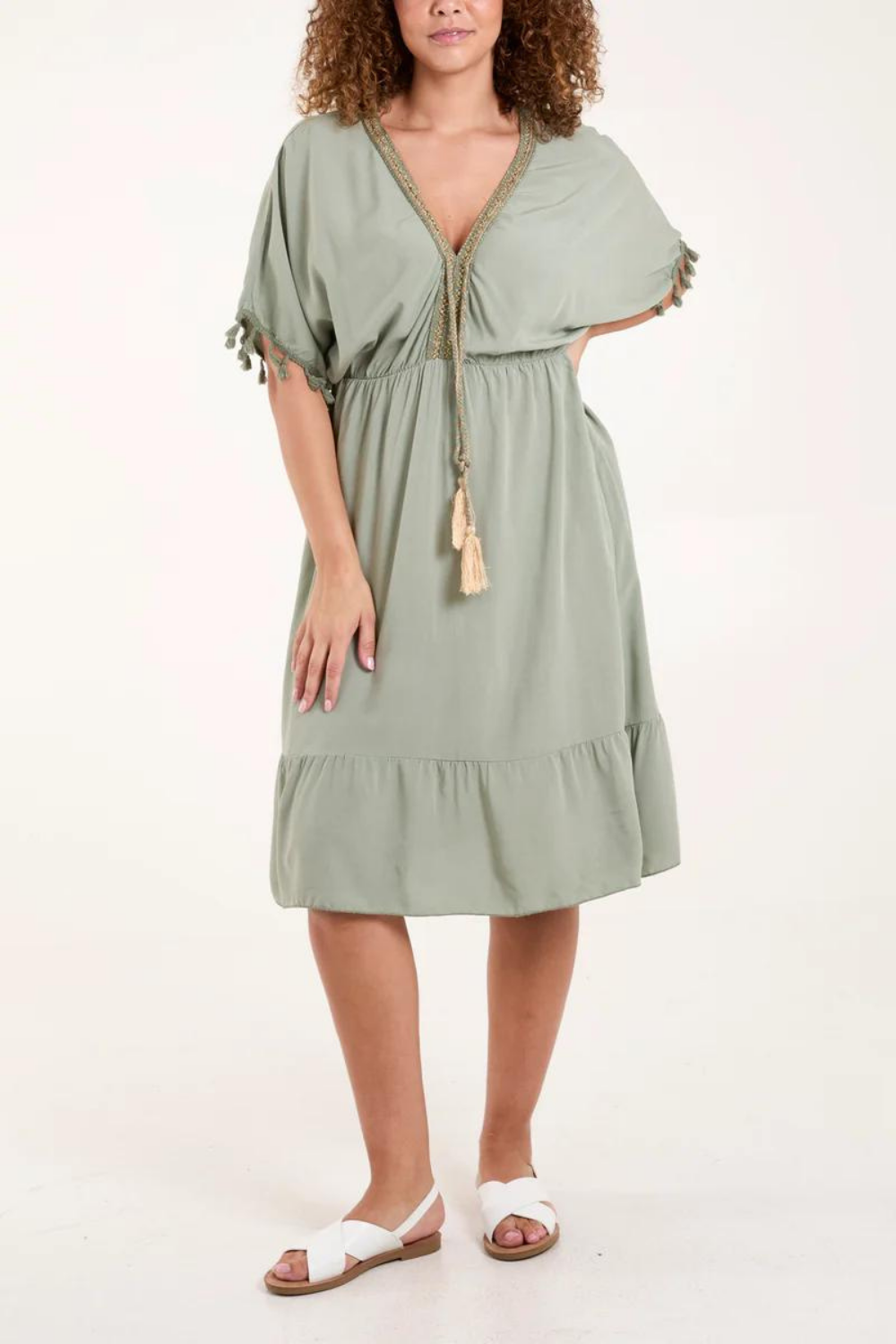 Oversized Fit V Neck Tassel Detailed Mini Dress in Gold and Khaki