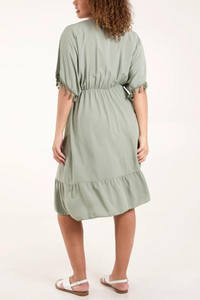 Oversized Fit V Neck Tassel Detailed Mini Dress in Gold and Khaki