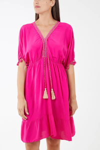 Oversized Fit V Neck Tassel Detailed Mini Dress in Gold and Hot Pink