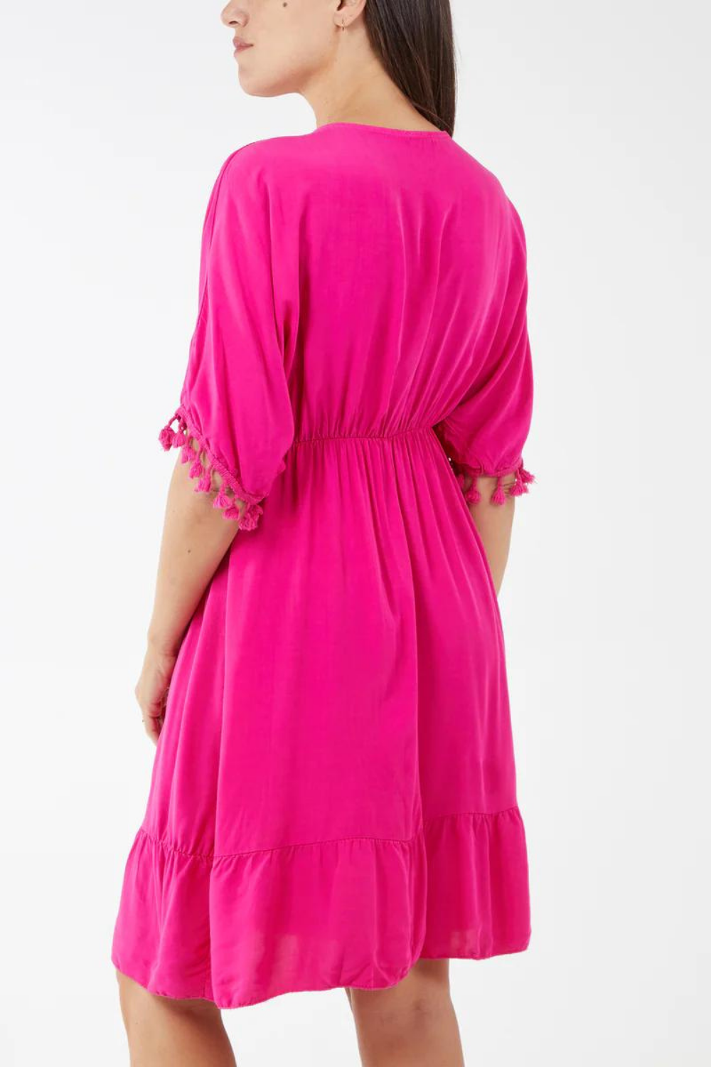 Oversized Fit V Neck Tassel Detailed Mini Dress in Gold and Hot Pink