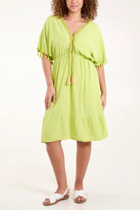 Oversized Fit V Neck Tassel Detailed Mini Dress in Gold and Lime