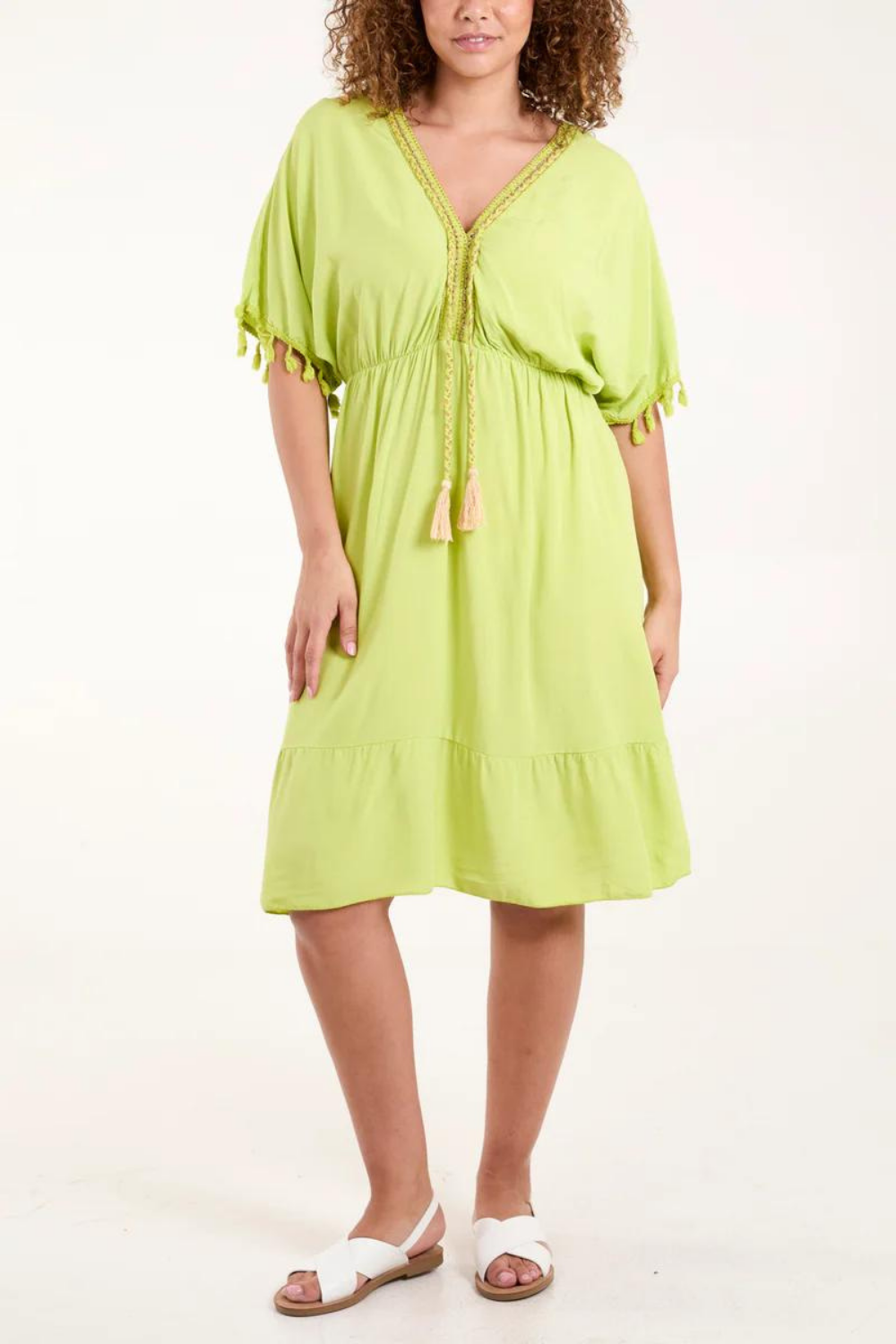 Oversized Fit V Neck Tassel Detailed Mini Dress in Gold and Lime