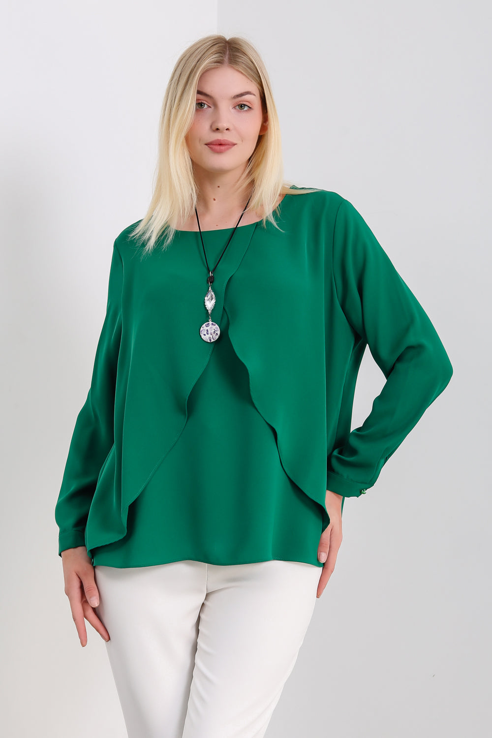 Oversized Long Sleeves Layered Blouse in Green