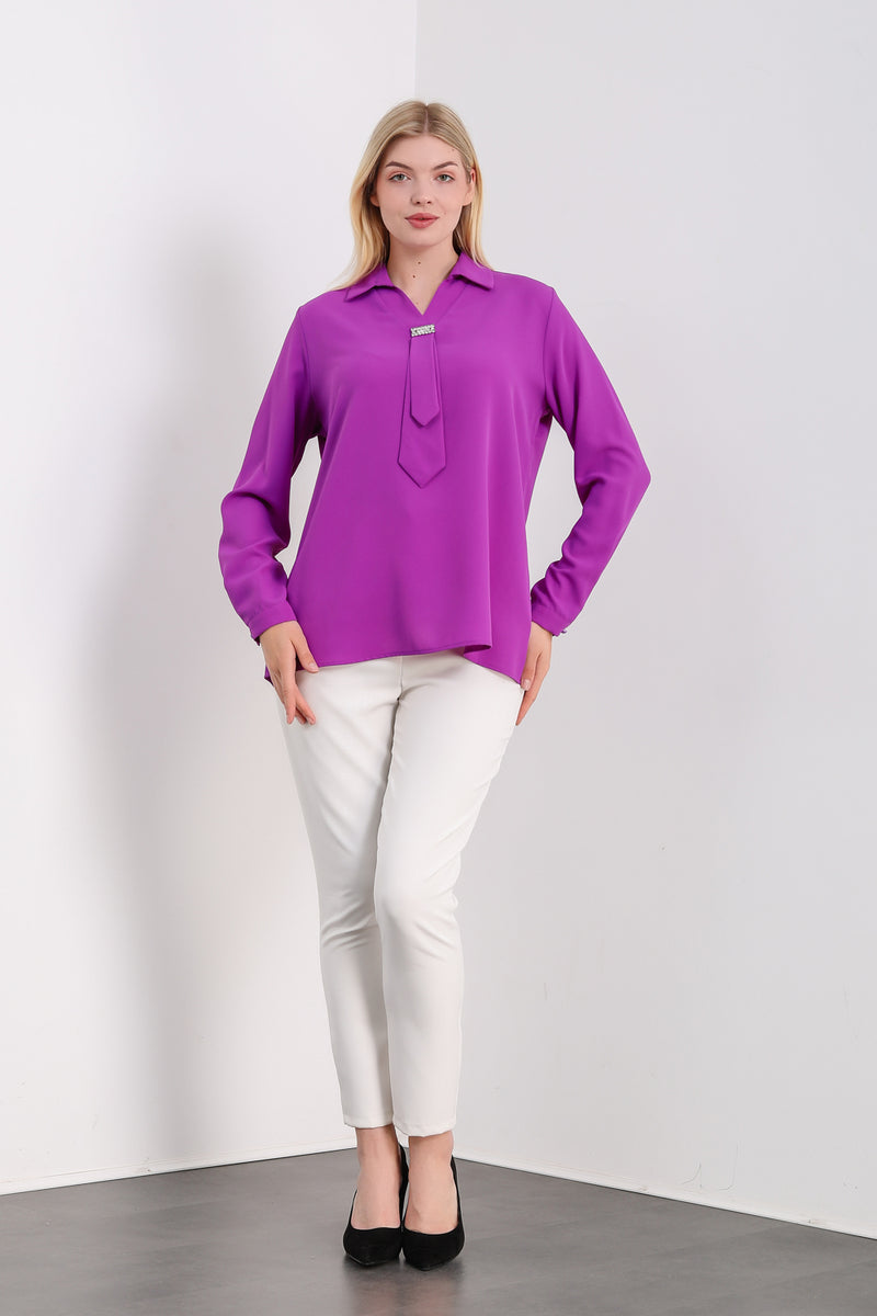 Oversized Long Sleeves Shirt Collar Blouse Top with Brooch Detail in Purple