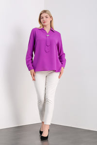 Oversized Long Sleeves Shirt Collar Blouse Top with Brooch Detail in Purple