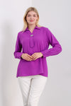 Oversized Long Sleeves Shirt Collar Blouse Top with Brooch Detail in Purple