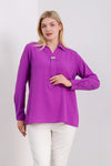 Oversized Long Sleeves Shirt Collar Blouse Top with Brooch Detail in Purple