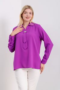 Oversized Long Sleeves Shirt Collar Blouse Top with Brooch Detail in Purple