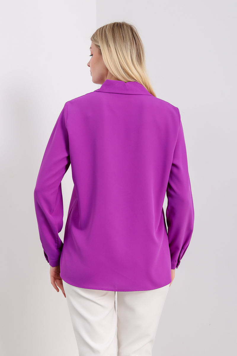 Oversized Long Sleeves Shirt Collar Blouse Top with Brooch Detail in Purple