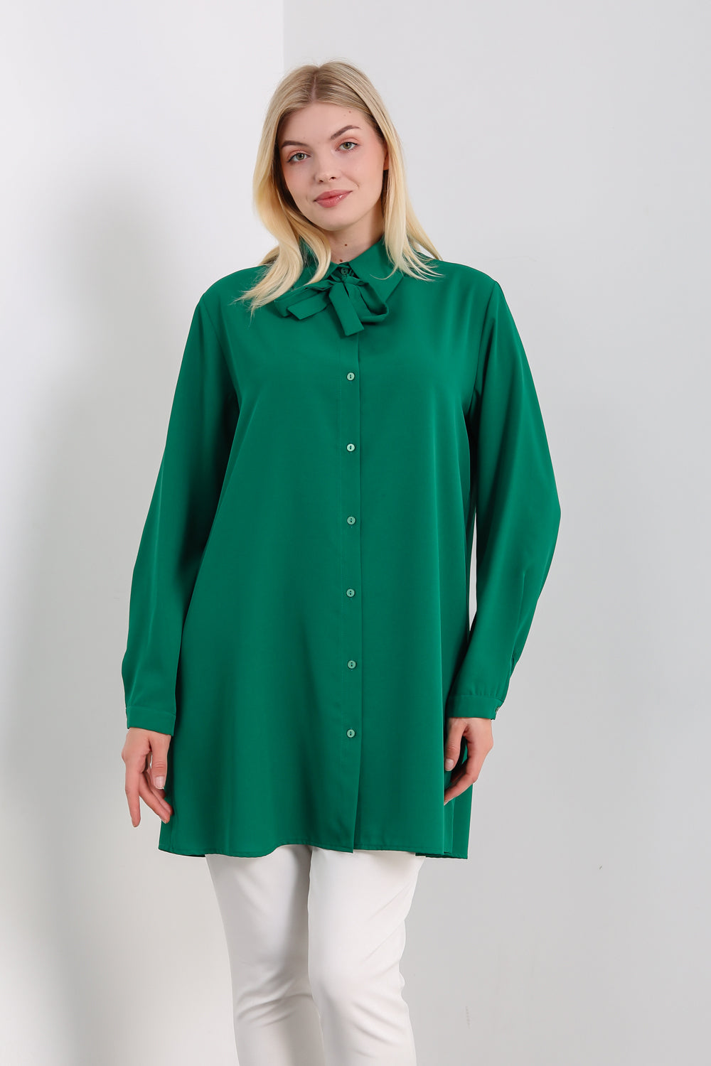 Oversized Tie Detailed Shirt Tunic with Long Sleeves in Green