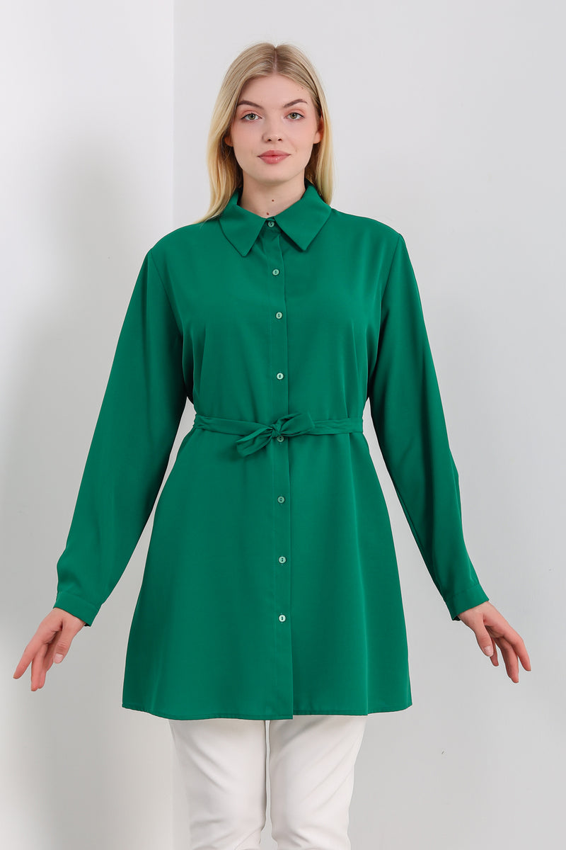 Oversized Tie Detailed Shirt Tunic with Long Sleeves in Green